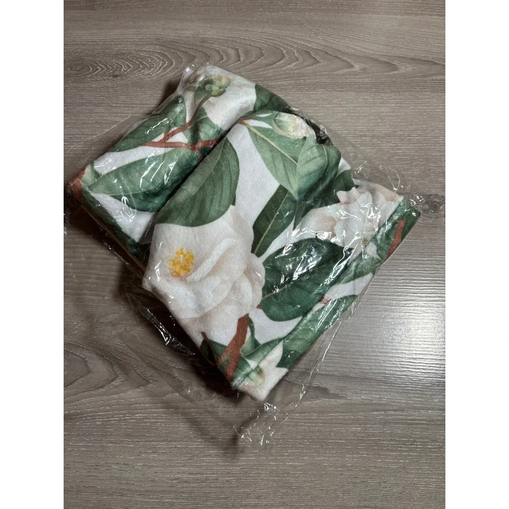 Minky Couture White Camellia Floral Plush Pillowcase Green Leaves Botanical